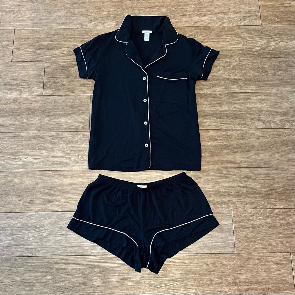 NEW! Eberjey Black Short Sleeve & Shorts Pajama Set With White Detail